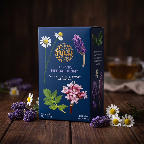 N�rbillede af den smukke, m�rkebl� Tulsi te�ske st�ende p� et m�rkt, r�t tr�bord, omgivet af enkle kvaste af frisk, lilla lavendel og lyse kamilleblomster i et d�mpet, roligt lys.