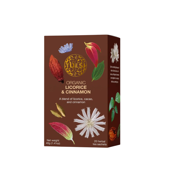 Tulsi Organic Licorice & Cinnamon Te. Dyb brun �ske med et gyldent logo og smukke, botaniske illustrationer af kakaoskal, en bl� cikorierod blomst og friske gr�nne blade.