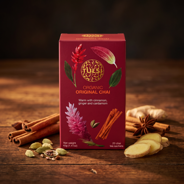 N�rbillede af den vinr�de Tulsi te�ske st�ende p� et m�rkt, rustikt tr�bord, smukt omgivet af hele kanelst�nger, knuste kardemommekapsler og frisk ingef�r i et varmt, hyggeligt lys.