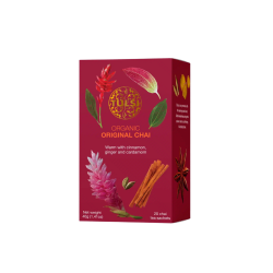 Tulsi Organic Original Chai Te. En dyb, vinr�d �ske med gyldent logo og smukke illustrationer af kanelst�nger, kardemomme, ingef�r, stjerneanis og eksotiske, lyser�de blomster.