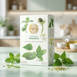 Tulsi Radiance te-�ske pr�senteret p� lyst gr�nt marmor, ledsaget af friske mynteblade og fennikelfr� i et eksklusivt, roligt wellness-milj�.