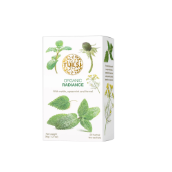 Tulsi Radiance �kologisk urtete. Hvid �ske pr�get med botaniske illustrationer af friske br�nden�ldeblade, mynte og fennikel, der indikerer en naturlig, koffeinfri te-oplevelse.