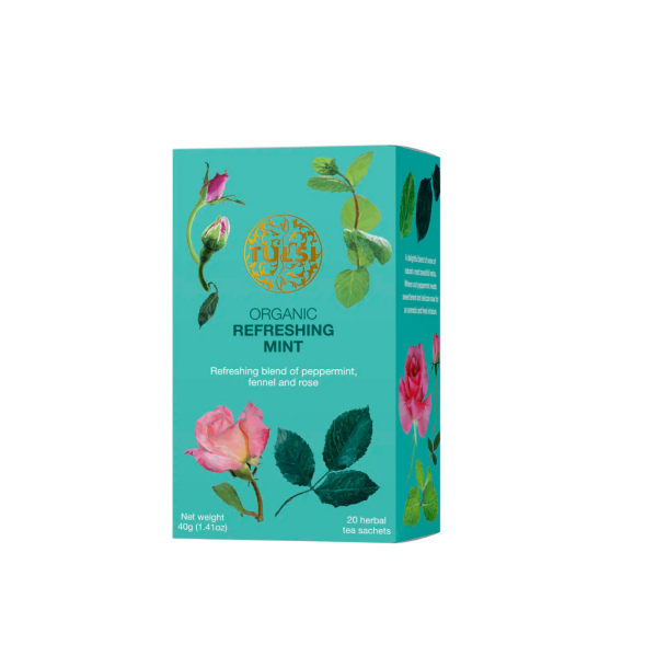 Tulsi Refreshing Mint �kologisk urtete med pebermynte fennikel og rose 20 plastfri breve.