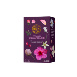 Tulsi Organic Woman's Blend Te. En smuk, dyb lilla �ske dekoreret med et gyldigt logo og farverige illustrationer af en stor pink hibiscusblomst, rosenblade, kamille og traneb�r.