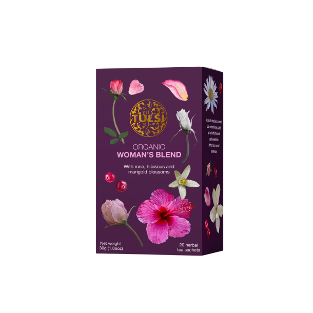 Tulsi Organic Woman's Blend Te. En smuk, dyb lilla �ske dekoreret med et gyldigt logo og farverige illustrationer af en stor pink hibiscusblomst, rosenblade, kamille og traneb�r.