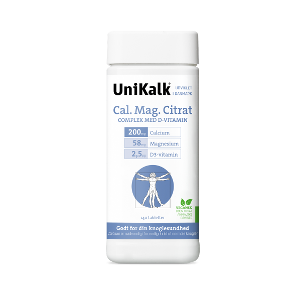 UniKalk Cal-Mag-Citrat 140 stk. &ndash; Hvid d�se med lilla og hvidt label, indeholdende organiske kalk- og magnesiumtabletter.
