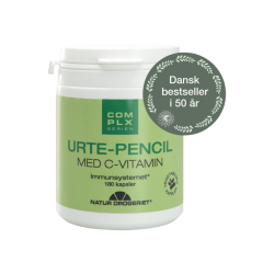 Opretst�ende Natur-Drogeriet Urte-penCil d�se med gr�n og hvid etiket. I hj�rnet er der et rundt, gr�nt skilt med teksten: Dansk bestseller i 50 �r.