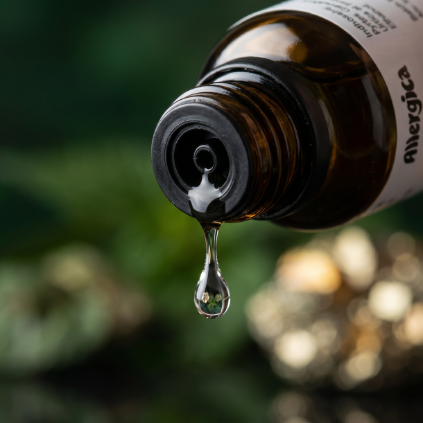 Et krystalklart makrobillede af en vanddr�be, der falder fra den indbyggede dr�bet�ller p� en 1:1 realistisk m�rk ravfarvet glasflaske. Den bl�dt sl�rede baggrund kombinerer dybe, n�rende skovgr�nne nuancer (Urtica) med varme, gyldne og strukturerende glimt fra jern og svovlkis (Pyrites). Lyset er ekstremt klart, beroligende, og udstr�ler absolut indre ro, genopbygning af reserver og hom�opatisk pr�cision.