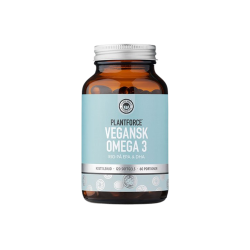 Plantforce Vegansk Omega 3 120 softgels. Brun glasflaske med lysebl� etiket, der markerer et vegansk kosttilskud rigt p� EPA og DHA.