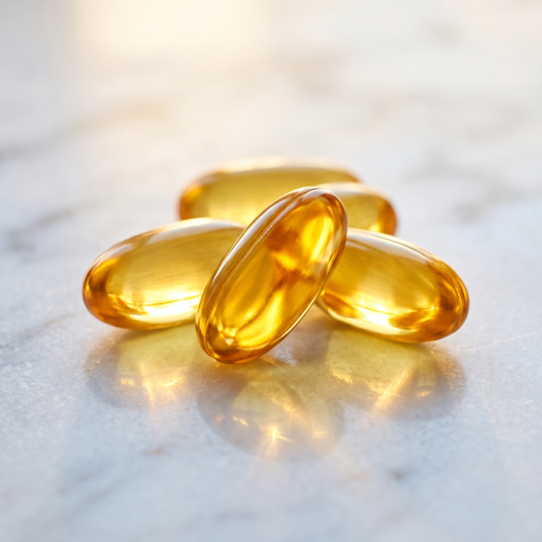 Et meget t�t n�rbillede af gyldne, gennemsigtige Omega-3 softgels, der fanger det varme morgensollys, liggende bl�dt p� en ren, hvid marmoroverflade.