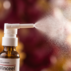 Et krystalklart makrobillede af selve den pr�cise hvide plastik-spraydyse p� en m�rk ravfarvet apotekerflaske (Vinceel fra Heel), der netop afgiver en ultrafin, krystalklar t�ge (mist) ud i luften (helt uden pipetter eller dr�ber). Den bl�dt sl�rede baggrund kombinerer varme, dybe bordeaux/vinr�de nuancer, gyldne morgenfrue-toner og str�lende, lyse lysglimt, som diskret og elegant repr�senterer den tyske farmaceutiske forst�vningspr�cision og synergien af de 8 signaturer. Lyset er varmt, bl�dt og indbydende, hvilket fremh�ver total GMP-renhed uden at virke for sterilt. Knivskarpt fokus.