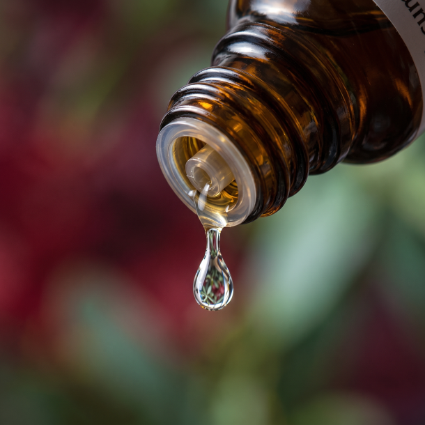Et krystalklart makrobillede af en vanddr�be, der falder fra den indbyggede dr�bet�ller p� en 1:1 realistisk m�rk ravfarvet glasflaske. Den bl�dt sl�rede baggrund kombinerer dybe, beroligende blodr�de og bordeaux nuancer (Belladonna) med svale, harmoniske misteltengr�nne toner (Viscum). Lyset er ekstremt klart, afsp�ndende, og udstr�ler absolut indre rytmisk flow, pulserende ro og hom�opatisk pr�cision.