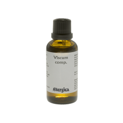 Allergica Viscum comp. 50 ml flaske med hvidt m�rkat og lysebl� detaljer. Dansk h�ndpotenseret hom�opati til voksne.
