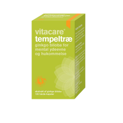 Vitacare Tempeltr� 120 kapsler. Gr�n �ske med orange detaljer, der viser at kosttilskuddet med Ginkgo Biloba ekstrakt er til gavn for mental ydeevne og hukommelse.