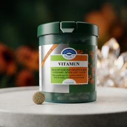 Et krystalklart makrobillede af en perfekt, struktureret og t�r botanisk tablet placeret sirligt p� en ren overflade ved siden af den realistiske m�rkegr�nne Holistica-Medica Vitamun d�se (helt uden pipetter, dr�bet�llere eller v�ske). Den bl�dt sl�rede baggrund kombinerer dybe, m�rke skovgr�nne nuancer, varme, br�ndte orange toner fra r�d solhat og hyben, samt krystallinske mineralske lysglimt, som diskret og elegant repr�senterer den tredelte synergi af urter, vitaminer og mineraler. Lyset er ekstremt skarpt, reflekterende og line�rt, hvilket fremh�ver total faglaboratorie-renhed og dansk pr�parationskunst. Knivskarpt fokus.