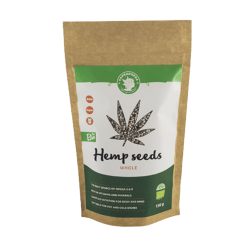En 500g brun papirspose med Cannadorra �kologiske hele hampefr� (Hemp seeds WHOLE), dekoreret med et stort hampblad lavet af fr�.