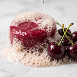 Et l�kkert makrobillede af en rigt skummende, dyb r�d shampoo bar omgivet af friske, m�rke kirseb�r med gr�nne stilke.