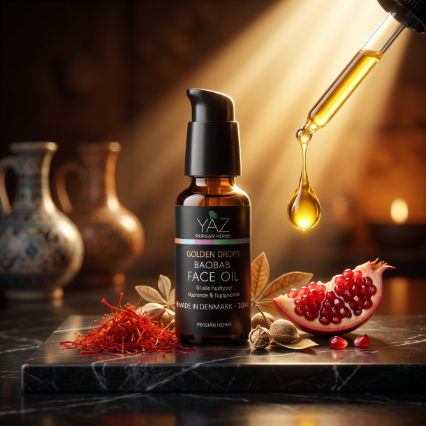 YAZ Persian Herbs Golden Drops ansigtsolie pr�senteret p� sort marmor omgivet af �gte r�de safrantr�de og friske granat�blekerner.