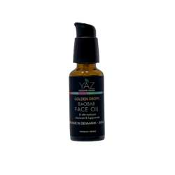 YAZ Persian Herbs Golden Drops Face Oil 30 ml. M�rk glasflaske med dr�bepumpe og luksuri�s sort etiket.