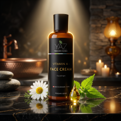 YAZ Persian Herbs ansigtscreme pr�senteret p� sort marmor omgivet af friske kamilleblomster og gylden jojobaolie.