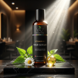 YAZ Persian Herbs h�rserum pr�senteret p� sort marmor omgivet af friske br�nden�ldeblade og gylden risklidolie.