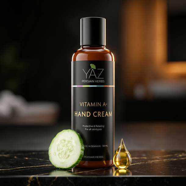 YAZ Persian Herbs h�ndcreme pr�senteret p� sort marmor omgivet af en frisk agurkeskive og gylden jojobaolie.