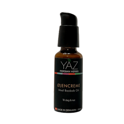 YAZ Persian Herbs �jencreme med Baobab Olie. M�rk glasflaske med pumpe og eksklusiv sort etiket.