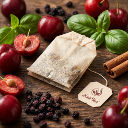 Et utroligt smukt og sanseligt n�rbillede af et Yogi tebrev p� en m�rk tr�baggrund. Omkring tebrevet ligger friske r�de acerola b�r, t�rrede hyldeb�r, et stykke kanel og dybgr�nne, friske basilikumblade badet i gyldent lys.