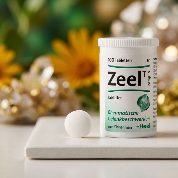 Et krystalklart makrobillede af en perfekt, struktureret og t�r hvid hom�opatisk tablet placeret sirligt p� en ren overflade ved siden af den realistiske hvide Zeel comp. pilled�se fra Heel (helt uden pipetter, dr�bet�llere eller v�ske). Den bl�dt sl�rede baggrund kombinerer varme, dybe smaragdgr�nne nuancer, gyldne arnica-toner og str�lende, krystallinske mineralske svovl-lysglimt, som diskret og elegant repr�senterer den tyske farmaceutiske pr�cision og synergien af de 5 stoft�tte signaturer. Lyset er varmt, bl�dt og indbydende, hvilket fremh�ver total GMP-renhed uden at virke for sterilt. Knivskarpt fokus.