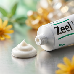 Et krystalklart makrobillede af en perfekt, struktureret klat af tyk, hvid og rig salve placeret sirligt p� en ren, klinisk overflade ved siden af den realistiske store, hvide og gr�nne Zeel-tube (helt uden dr�ber, pipetter eller flydende vand). Den bl�dt sl�rede baggrund kombinerer rene, lyse smaragdgr�nne nuancer, varme gyldne arnica-toner og str�lende, krystallinske mineralske svovl-lysglimt, som diskret og elegant repr�senterer den tyske farmaceutiske pr�cision og synergien af de 4 stoft�tte signaturer. Lyset er varmt, bl�dt og indbydende, hvilket fremh�ver total GMP-renhed uden at virke sterilt. Knivskarpt fokus.