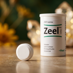 Et krystalklart makrobillede af en perfekt, struktureret og t�r hvid hom�opatisk tablet placeret sirligt p� en ren overflade ved siden af den realistiske store hvide Zeel comp. pilled�se fra Heel (helt uden pipetter, dr�bet�llere eller v�ske). Den bl�dt sl�rede baggrund kombinerer varme, dybe skovgr�nne nuancer, gyldne arnica-toner og str�lende, krystallinske mineralske svovl-lysglimt, som diskret og elegant repr�senterer den tyske farmaceutiske pr�cision og synergien af de 5 stoft�tte signaturer. Lyset er varmt, bl�dt og indbydende, hvilket fremh�ver total GMP-renhed uden at virke for sterilt. Knivskarpt fokus.