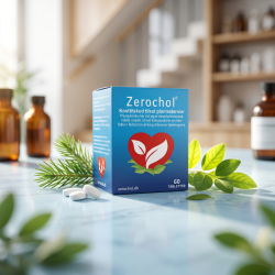 Biovita ZeroChol �ske pr�senteret p� lyst bl�t marmor, ledsaget af hvide tabletter og friske gr�nne blade i et eksklusivt, lyst apoteker-milj�.