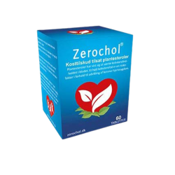 Biovita ZeroChol 60 tabletter. En bl� �ske med et r�dt hjerte og hvide blade, der indikerer indholdet af plantesteroler for vedligeholdelse af et normalt kolesterolniveau.