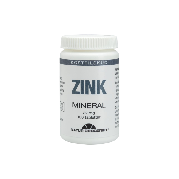 Natur-Drogeriet Zink 22 mg 100 tabletter i hvid b�tte med gr� etiket &ndash; mineraltilskud til hud og immunsystem hos Helseservice.