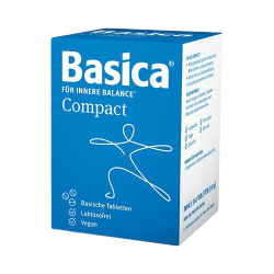 En bl� og hvid �ske med Basica Compact, 120 tabletter. P� �sken ses en hvid stregtegning af en person i balance, samt teksterne Laktosefrei og Vegan.