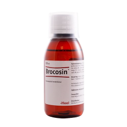 BioVita Brocosin mikstur. 125 ml hom�opatisk l�gemiddel i m�rk ravfarvet glasflaske med hvid og r�d etiket og klart m�leb�ger p� toppen.
