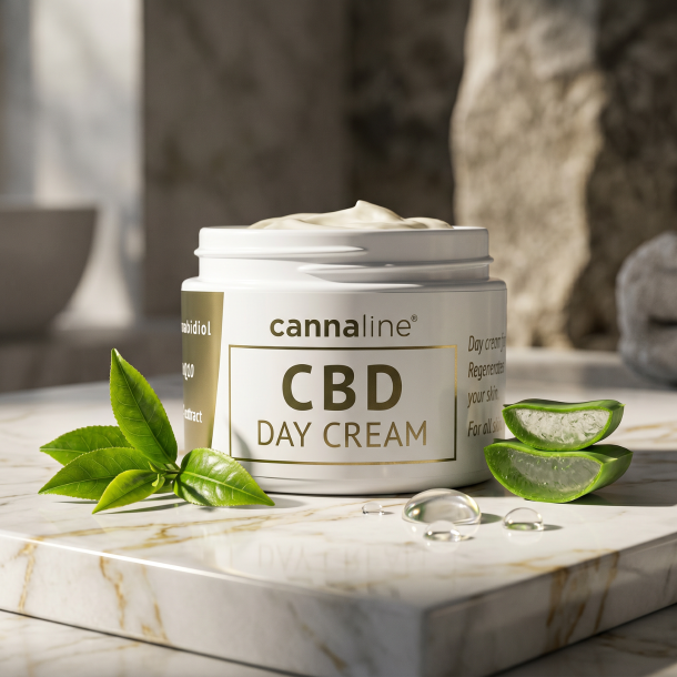 Cannaline dagcreme pr�senteret p� hvidt marmor med guld�rer, omgivet af friske gr�nne teblade, aloe vera og fugtgivende dr�ber.