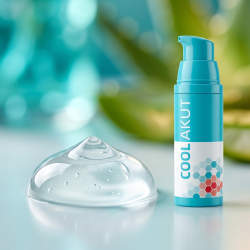 Et krystalklart makrobillede af en perfekt, struktureret klat af krystalklar og let sl�ret, k�lende vandbaseret gel placeret sirligt p� en ren overflade ved siden af den realistiske cyan/hvide CoolAkut pumpeflaske (helt uden pipetter, dr�bet�llere eller vanddr�ber). Den bl�dt sl�rede baggrund kombinerer rene, friske cyan-nuancer (bl�gr�n), varme og saftige aloe-gr�nne toner, som diskret og elegant repr�senterer den friske, botaniske lindring og den h�jteknologiske gel-matrix. Lyset er friskt, k�ligt, men organisk og indbydende, hvilket fremh�ver total kosmetisk renhed. Knivskarpt fokus.