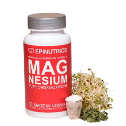 Opretst�ende Epinutrics Magnesium 60 stk. En hvid d�se med en i�jnefaldende r�d etiket og s�lvl�g, flankeret af friske spirer og t�rrede urter.