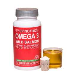 Epinutrics Omega 3 Wild Salmon 60 kapsler. En hvid d�se med r�d etiket og s�lvl�g, der fremh�ver koldpresset arktisk vildlakseolie.