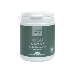 Natur-Drogeriet Insu Balance kapsler 120 stk. En hvid d�se med en ren, m�rkegr�n etiket der viser indholdet til blodsukkerniveauet.
