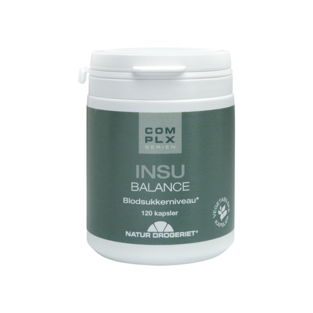 Natur-Drogeriet Insu Balance kapsler 120 stk. En hvid d�se med en ren, m�rkegr�n etiket der viser indholdet til blodsukkerniveauet.