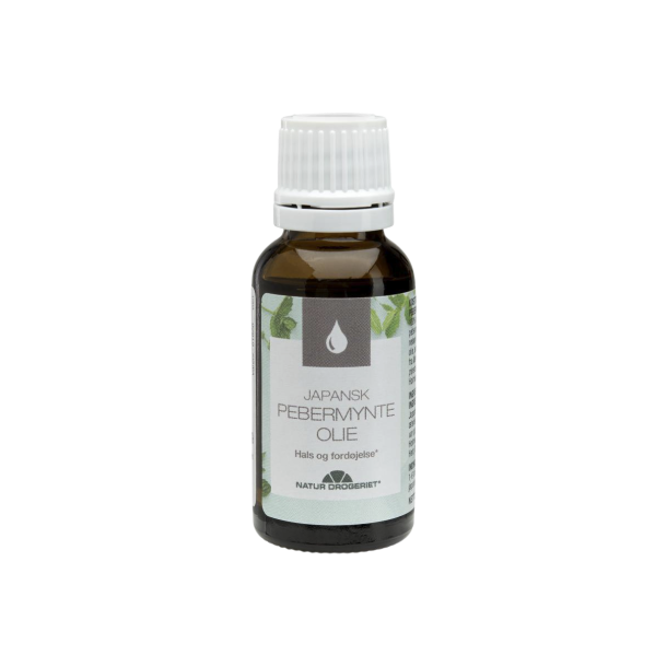 Natur-Drogeriet Japansk Pebermynteolie 20 ml flaske med hvidt skruel�g &ndash; 100 % ren �terisk olie til ford�jelse og massage.