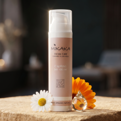 Mikaka Calming Day Cream pr�senteret p� varm sandsten omgivet af en hvid kamilleblomst, morgenfrue og en dr�be ren squalane.