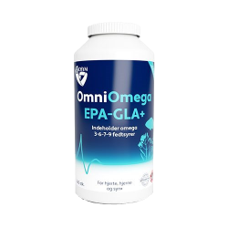 Biosym OmniOmega EPA-GLA+ 220 stk. Hvid d�se med m�rkebl�t design, der indeholder omega 3, 6, 7 og 9 fedtsyrer fra b�redygtig fiskeolie og koldpressede planteolier.