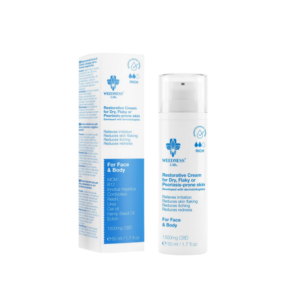 Weedness Restorative CBD Cream 50ml &ndash; Specialcreme til ekstremt t�r og sk�llende hud med Vitamin B12, CBD og medicinske svampe.