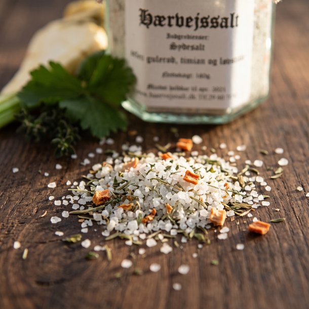 Makrobillede af kridhvide, sm�kornede saltkrystaller blandet med gr�nne og orange urtedrys, der ligger p� en rustik tr�overflade badet i varmt lys.
