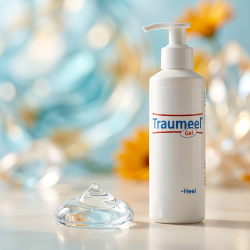 Et krystalklart makrobillede af en perfekt, struktureret klat af krystalklar, k�lende vandbaseret gel placeret sirligt p� en ren, lys overflade ved siden af den realistiske store, hvide Traumeel Gel dispenser (helt uden dr�ber, pipetter eller flydende v�ske). Den bl�dt sl�rede baggrund kombinerer rene, lyse akvatiske bl� nuancer, varme gyldne morgenfrue-toner og str�lende, krystallinske mineralske lysglimt, som diskret og elegant repr�senterer den tyske, farmaceutiske pr�cision og synergien af de 14 stoft�tte modertinkturer indkapslet i gel-matrixen. Lyset er varmt, bl�dt og indbydende, hvilket fremh�ver total renhed uden at virke sterilt. Knivskarpt fokus.