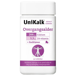 UniKalk Overgangsalder 90 tabletter. En hvid d�se med lilla og sort skrift, der viser Leonardo da Vincis Vitruvianske Mand og fremh�ver indholdet af calcium, D3-vitamin og r�dkl�ver.