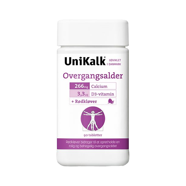 UniKalk Overgangsalder 90 tabletter med r�dkl�ver kalk og D-vitamin.